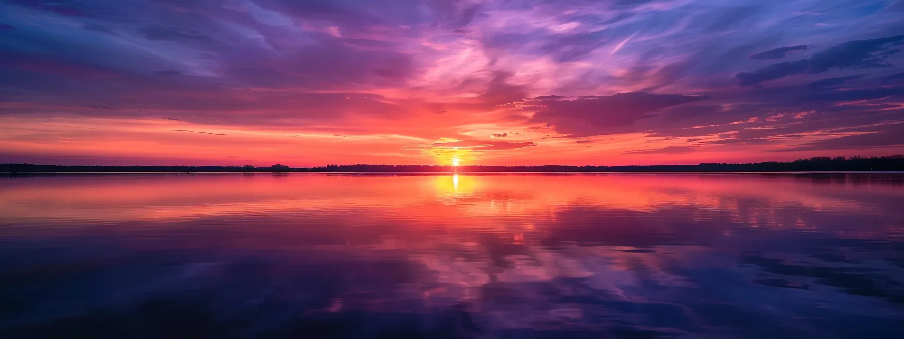 a breathtaking sunset casts vibrant hues of orange and purple over a tranquil lake, reflecting the serene beauty of nature in perfect stillness.