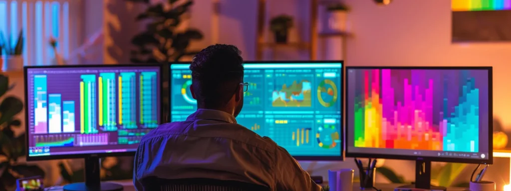 a dynamic office environment features a focused realtor analyzing vibrant ppc advertising data on multiple screens, with colorful charts and graphs illuminating the room, reflecting a high-tech approach to real estate marketing.