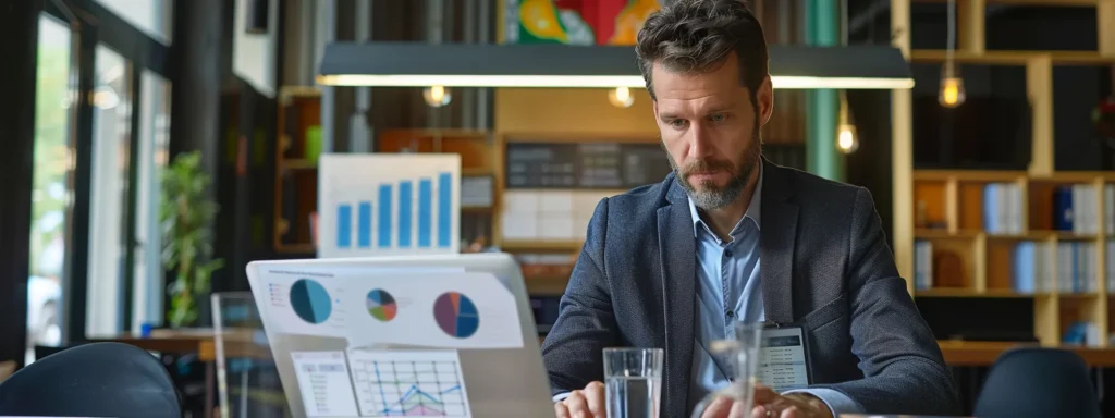 a dynamic office scene features a focused realtor analyzing compelling data on a sleek laptop, surrounded by vibrant charts and digital marketing displays that emphasize innovative retargeting strategies for lead conversion.