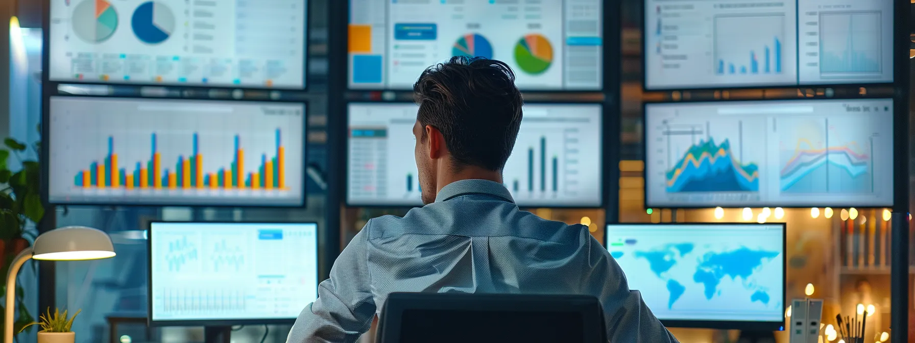 a dynamic office scene featuring a focused realtor analyzing vibrant graphs and data on multiple screens, emphasizing targeted google ads campaigns tailored for the miami real estate market.