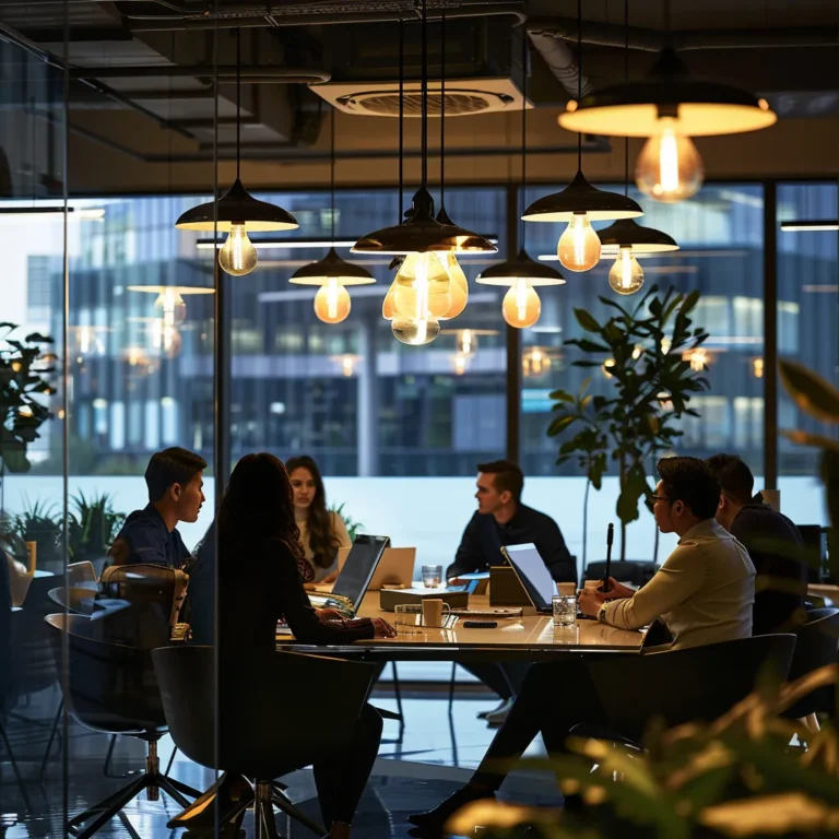 a dynamic urban office space showcases a diverse group of professionals engaged in a lively brainstorming session around a sleek glass conference table, illuminated by modern pendant lights that enhance the innovative atmosphere.
