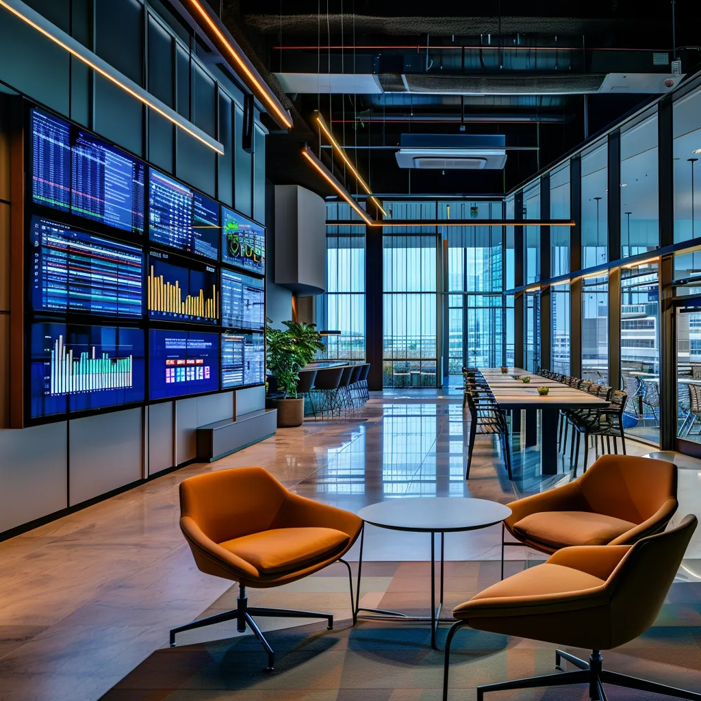 a dynamic urban office space filled with innovative technology, featuring sleek, modern furniture and vibrant digital screens displaying data analytics in a collaborative environment.