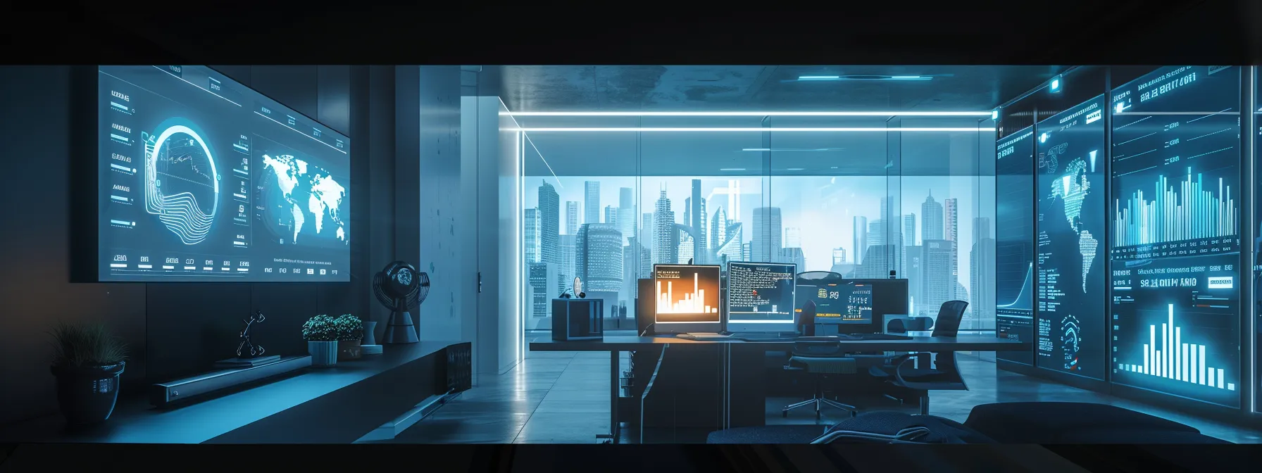 a futuristic office space illuminated by soft blue light showcases a sleek digital dashboard displaying vibrant graphs and metrics, symbolizing the dynamic analysis of chatbot engagement in real estate lead generation.