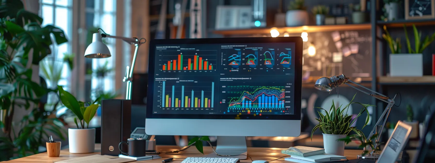 a high-tech office scene featuring a sleek computer screen displaying vibrant graphs and analytics dashboards, highlighting metrics and performance data, with a modern workspace setting that conveys focused data analysis for real estate website optimization.