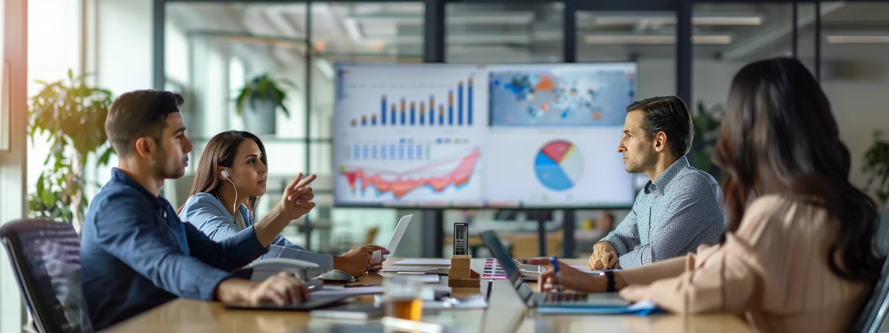 a modern office setting showcases a focused team collaborating around a sleek conference table, analyzing colorful a/b testing graphs on a large screen, emphasizing the strategic use of google ads for maximizing real estate sales.