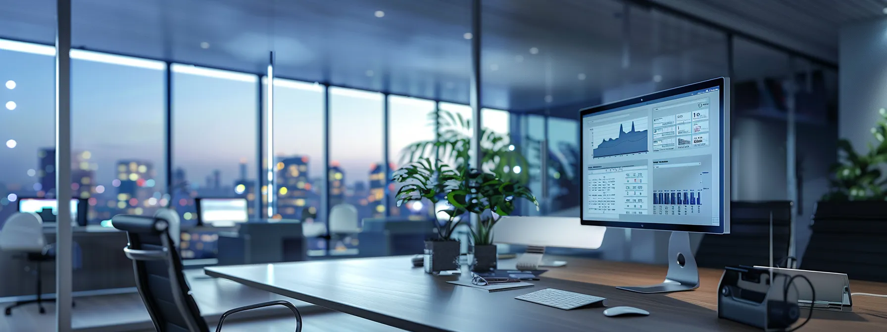 a modern office showcasing a sleek digital dashboard displaying real estate user behavior analytics, illuminated by soft, focused lighting that enhances the professionalism of the environment.