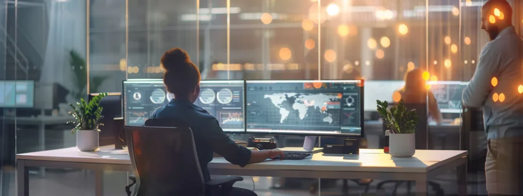 a modern office space bustling with activity, featuring a digital marketing strategist analyzing real estate data on multiple sleek monitors, with vibrant social media icons projected on a screen in the background to symbolize driving traffic to a realtor site.