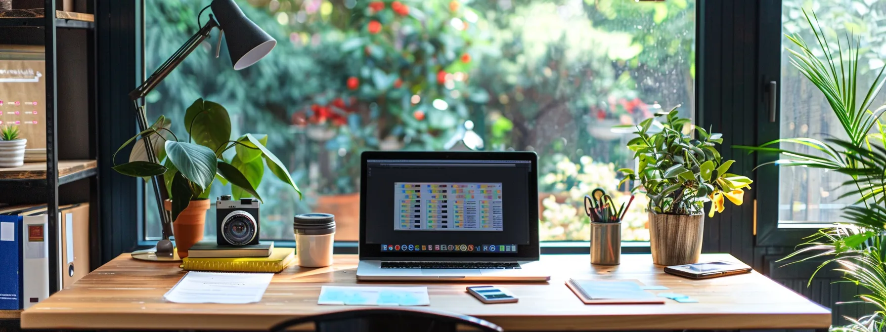 a modern office space features a sleek laptop on a polished wooden desk, surrounded by vibrant, colorful email newsletters and marketing materials, encapsulating the dynamic essence of implementing a successful email marketing campaign for real estate professionals.