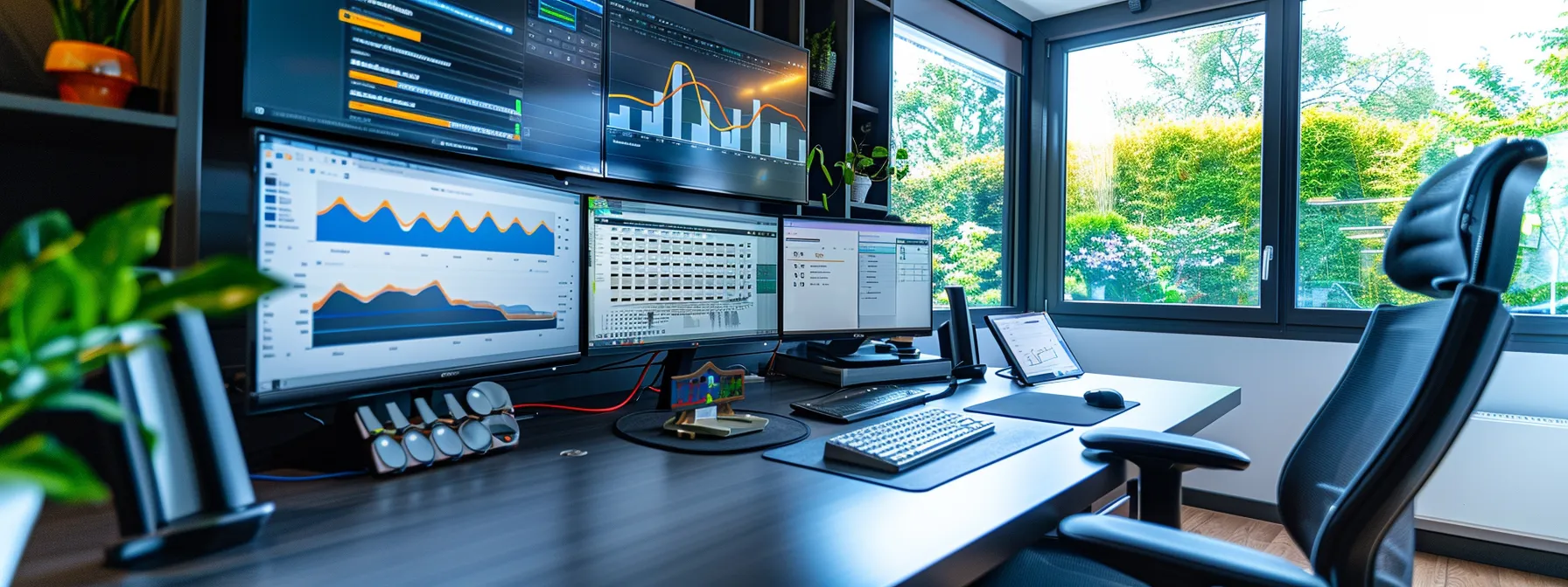 a modern office space featuring a sleek workstation with multiple screens displaying vibrant google ads metrics and remarketing strategies tailored for real estate, surrounded by digital marketing tools and charts, emphasizing a data-driven approach to optimize realtor listings.