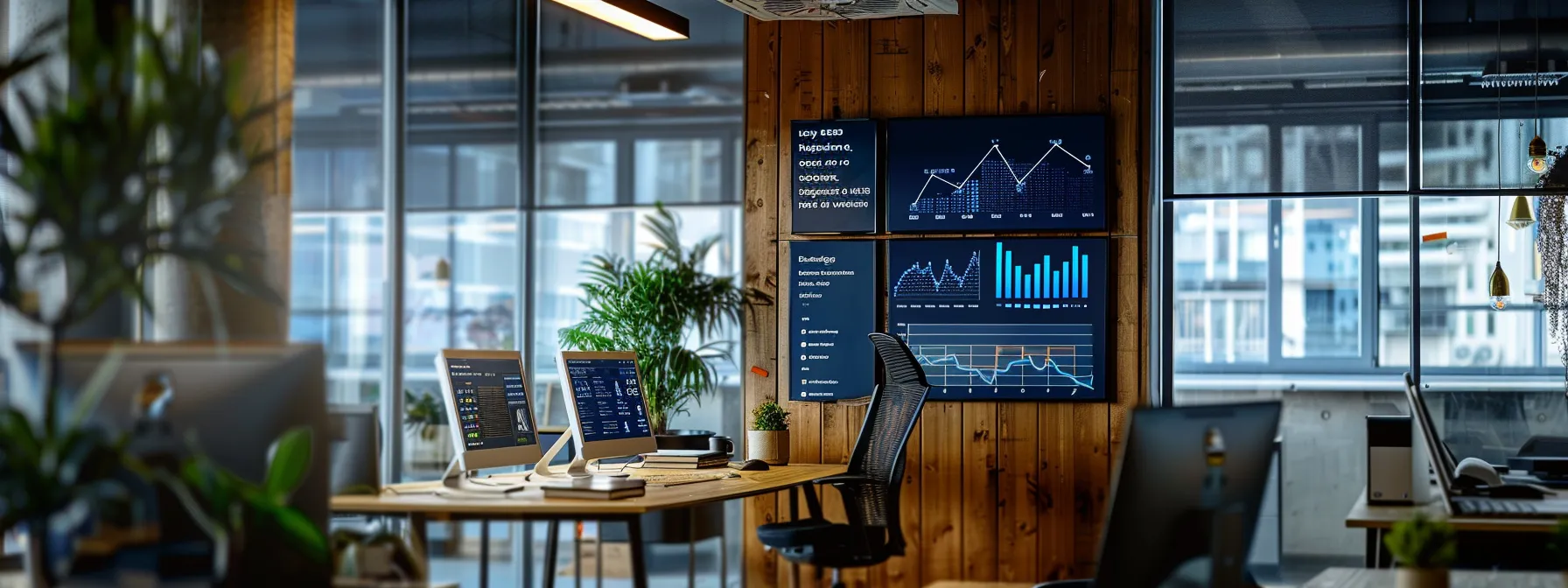 a modern office space is filled with digital screens displaying dynamic analytics and graphs, as a focused real estate agent analyzes performance metrics to optimize retargeting strategies for increased lead conversions.