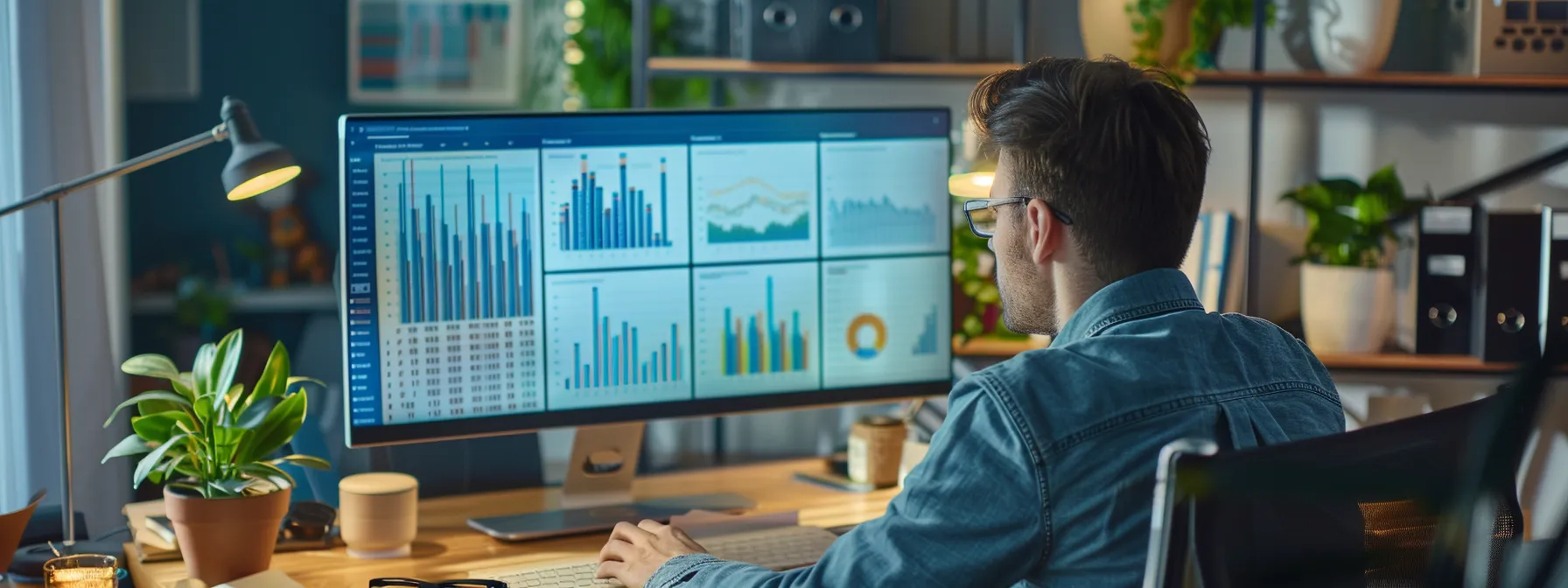 a modern office workspace features a sleek computer screen displaying vibrant graphs and charts of event tracking data, with a thoughtful professional analyzing the actionable insights to enhance marketing strategies and realtor conversion rates in the foreground.