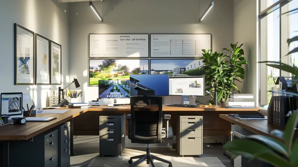a modern office workspace is equipped with dual monitors displaying an updated real estate website, vibrant images of properties, and a planner filled with organized maintenance schedules, all under bright, focused lighting that emphasizes a sense of productivity and efficiency.