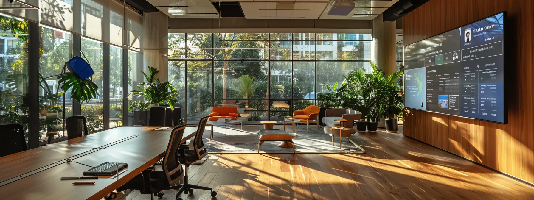 a modern real estate office bustling with activity, featuring a large screen displaying a virtual property tour led by an engaging chatbot interface, illuminated by natural light streaming through large windows, emphasizing seamless digital interaction and innovation.