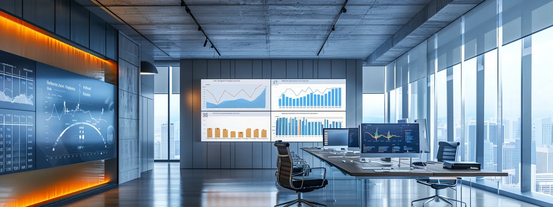 a modern, sleek office space filled with digital screens displaying dynamic graphs and charts, illustrating key metrics and performance data for realtor websites, under soft, focused lighting that enhances the atmosphere of analytical precision.