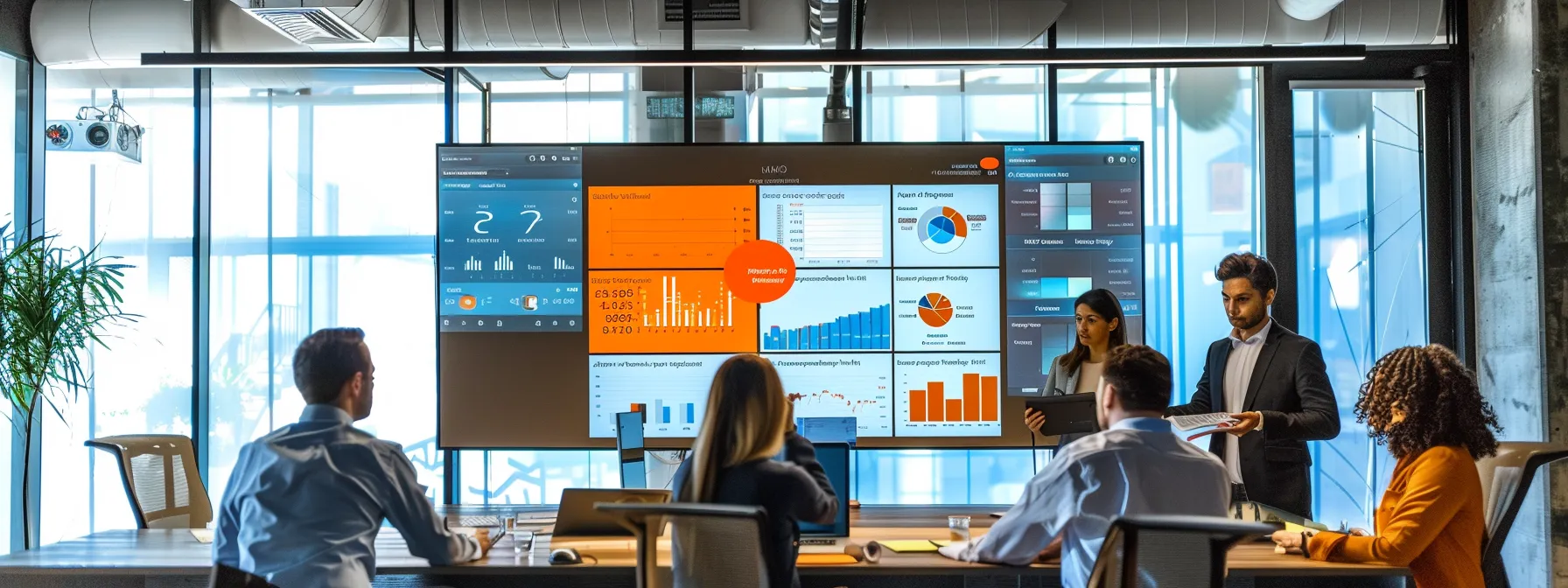 a modern, sleek office space featuring a digital marketing dashboard on a large screen, where a diverse group of real estate professionals engage in a dynamic brainstorming session about innovative branding strategies.