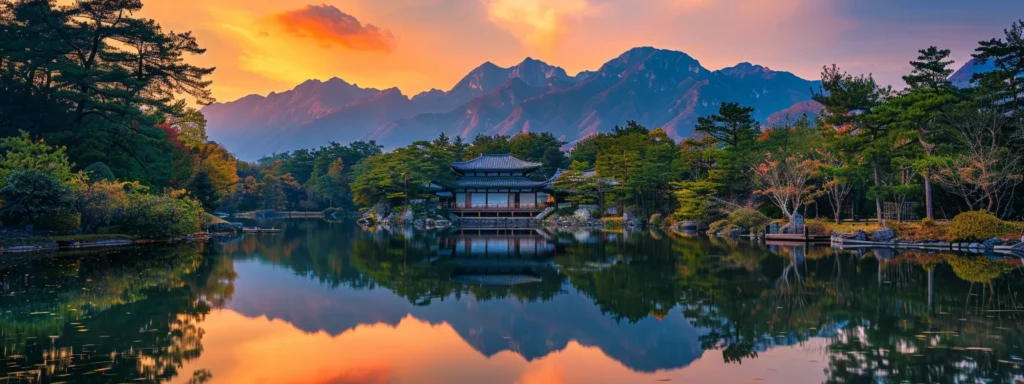 a serene landscape unfolds at dusk, where a vibrant sunset casts golden hues over a tranquil lake, reflecting the silhouetted mountains that frame the scene.