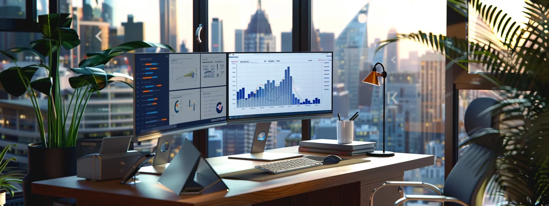 a sharply focused office space features a sleek modern desk adorned with a dual monitor setup displaying vibrant graphs and metrics, reflecting the analytical precision essential for refining real estate marketing strategies.