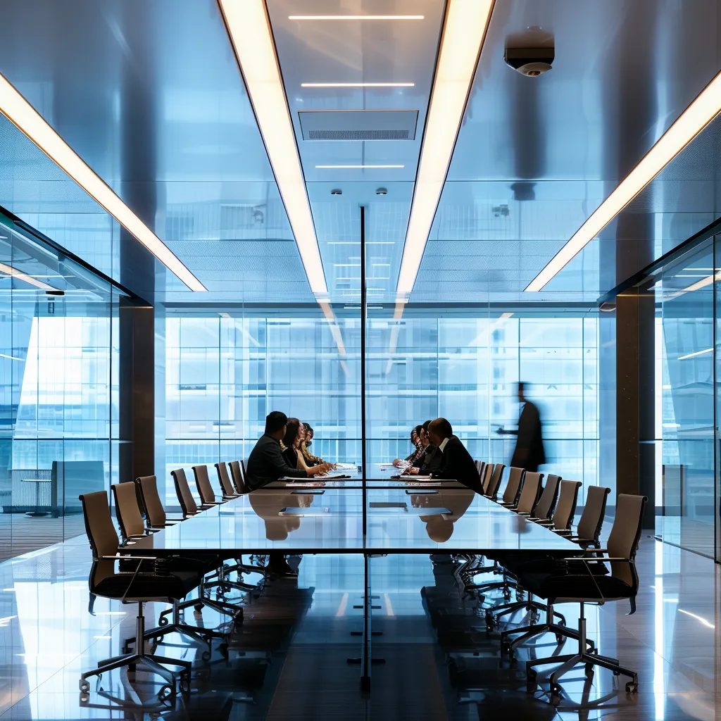 a sleek, modern office environment buzzes with productivity, showcasing diverse professionals engaged in dynamic collaboration around a large, glossy conference table illuminated by vibrant overhead lights.