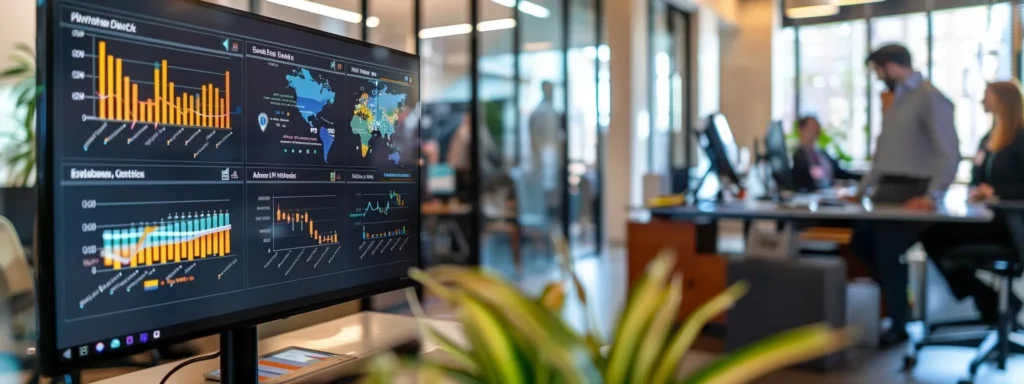 a sleek, modern office environment is bustling with activity as a real estate professional examines detailed analytics on a large digital display, showcasing vibrant graphs and data visualizations that illustrate successful event tracking for realtor conversions.