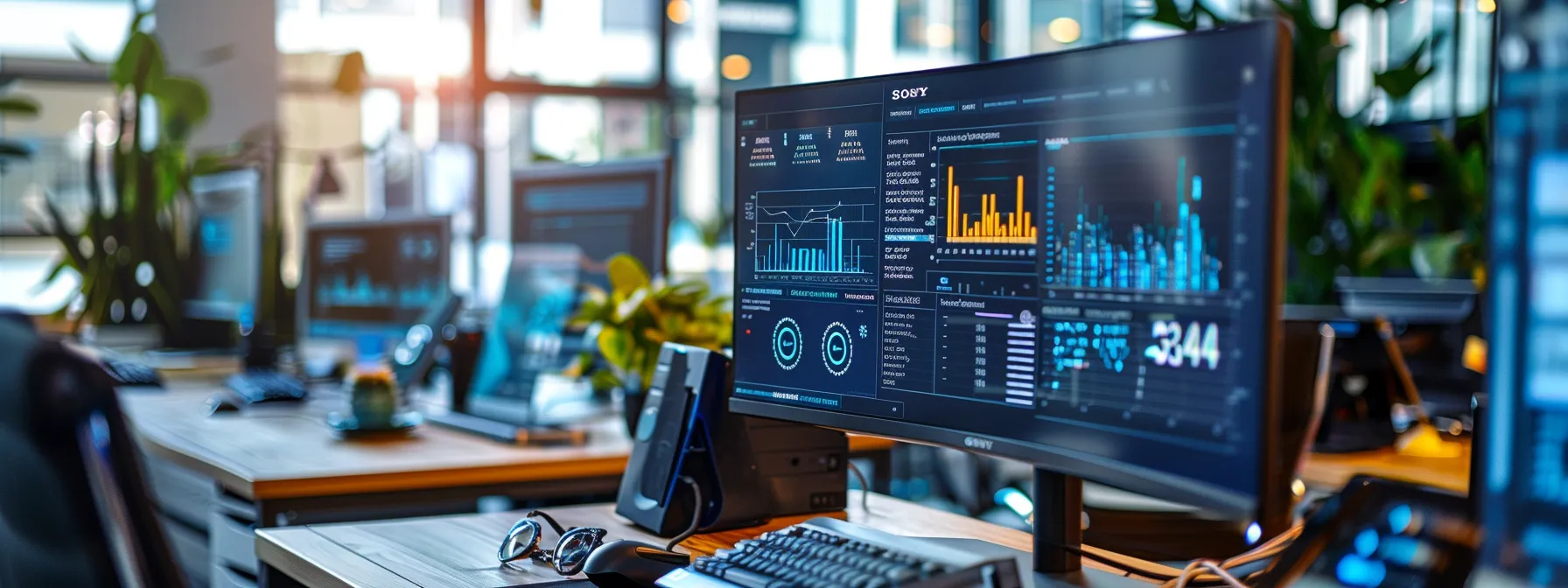 a sleek, modern office environment features a high-tech computer setup displaying an intricate dashboard of automated email marketing metrics and personalized communication strategies, illustrating advanced automation techniques for real estate outreach.
