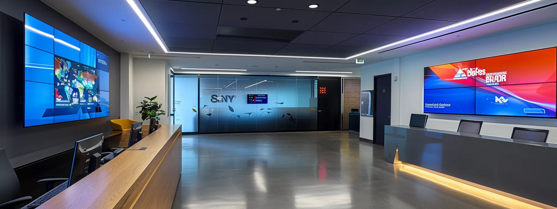 a sleek, modern office setting showcases a large digital screen displaying vibrant graphic designs and video marketing content, while a stylish desk features essential digital marketing tools and personalized branding materials, conveying innovation and professionalism in realtor branding.