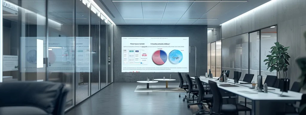 a sleek, modern office setting displays a large, interactive screen showcasing vibrant google ads featuring eye-catching realtor listings, with a minimalist design emphasizing professionalism and innovation.