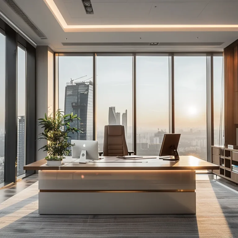 a sleek, modern office space featuring a minimalist desk and a large window showcasing a bustling city skyline, illuminated by the glow of midday sun filtering through glass.