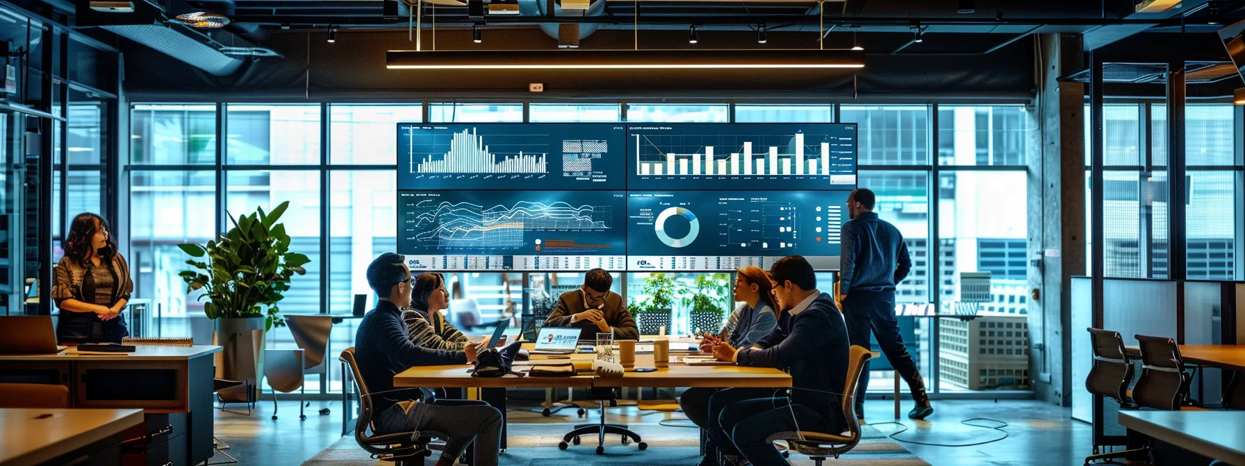 a sleek, modern office space is filled with real estate professionals engaged in a dynamic discussion, highlighted by vibrant charts and graphs on digital screens, emphasizing innovative strategies for leveraging google ads and social media to overcome advertising challenges.