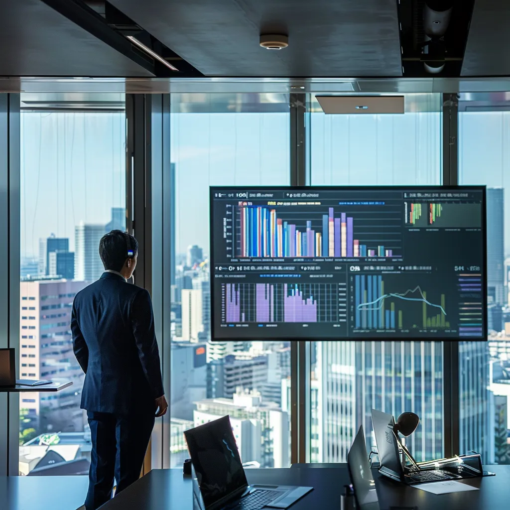 a sleek, modern office space with large windows showcasing a bustling city skyline, highlighting a confident business professional in a tailored suit who is engaged in a dynamic presentation with vibrant digital charts displayed on an interactive screen.