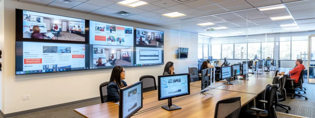 a sleek, modern office space features a digital marketing strategy session in progress, with vibrant visuals of real estate listings displayed on multiple screens, conveying a dynamic focus on attracting more visitors to a realtor website.