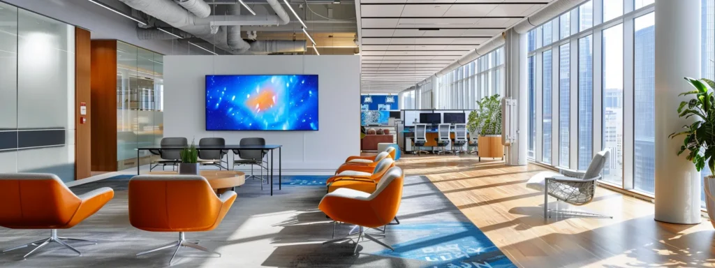 a sleek, modern office space with a vibrant digital display showcasing impactful email marketing analytics, highlighting increased realtor sales through engaging content and strategic outreach.