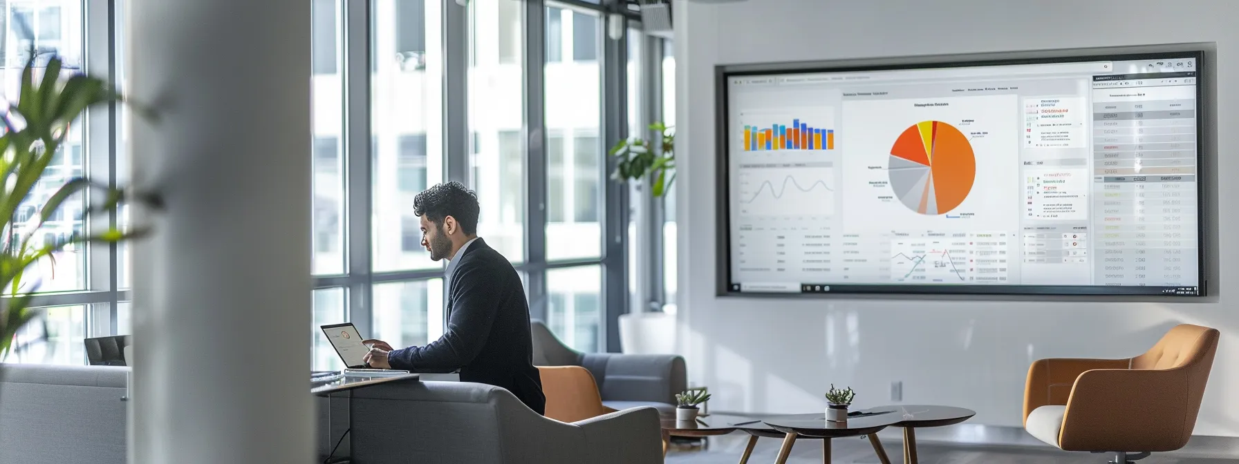 a sleek, modern office space features a large digital screen displaying vibrant google ads analytics alongside a confident realtor analyzing data on a tablet, symbolizing the effectiveness of targeted marketing strategies to enhance property listings.