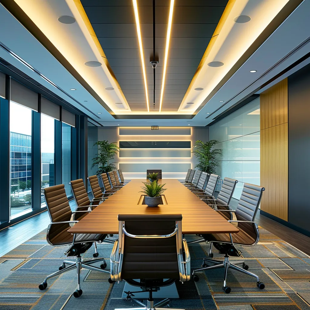 a sleek, modern office space features a large conference table surrounded by tailored ergonomic chairs, illuminated by sharp overhead lighting that casts a professional glow, emphasizing an atmosphere of innovation and collaboration.