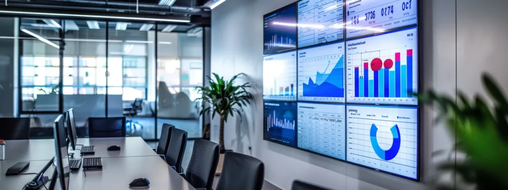 a sleek, modern office space features a large digital dashboard displaying vibrant analytics and key performance metrics for a successful realtor website, highlighting metrics such as user engagement and lead conversions on clean, well-organized screens.