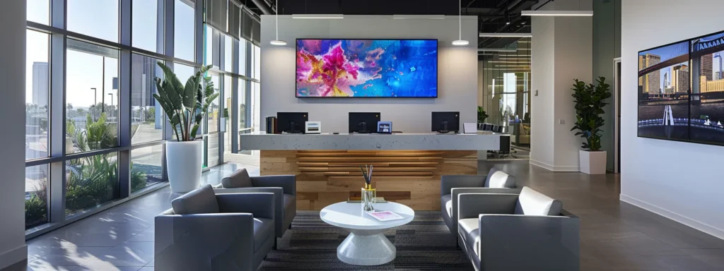 a sleek, modern office space showcases a high-tech workstation adorned with vibrant marketing materials and digital screens illustrating innovative branding strategies for top realtors.