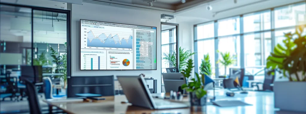 a sleek, modern office space is bustling with activity, featuring a large screen displaying analytical data and insights, while a digital marketing strategy whiteboard emphasizes a streamlined facebook pixel setup for real estate retargeting.