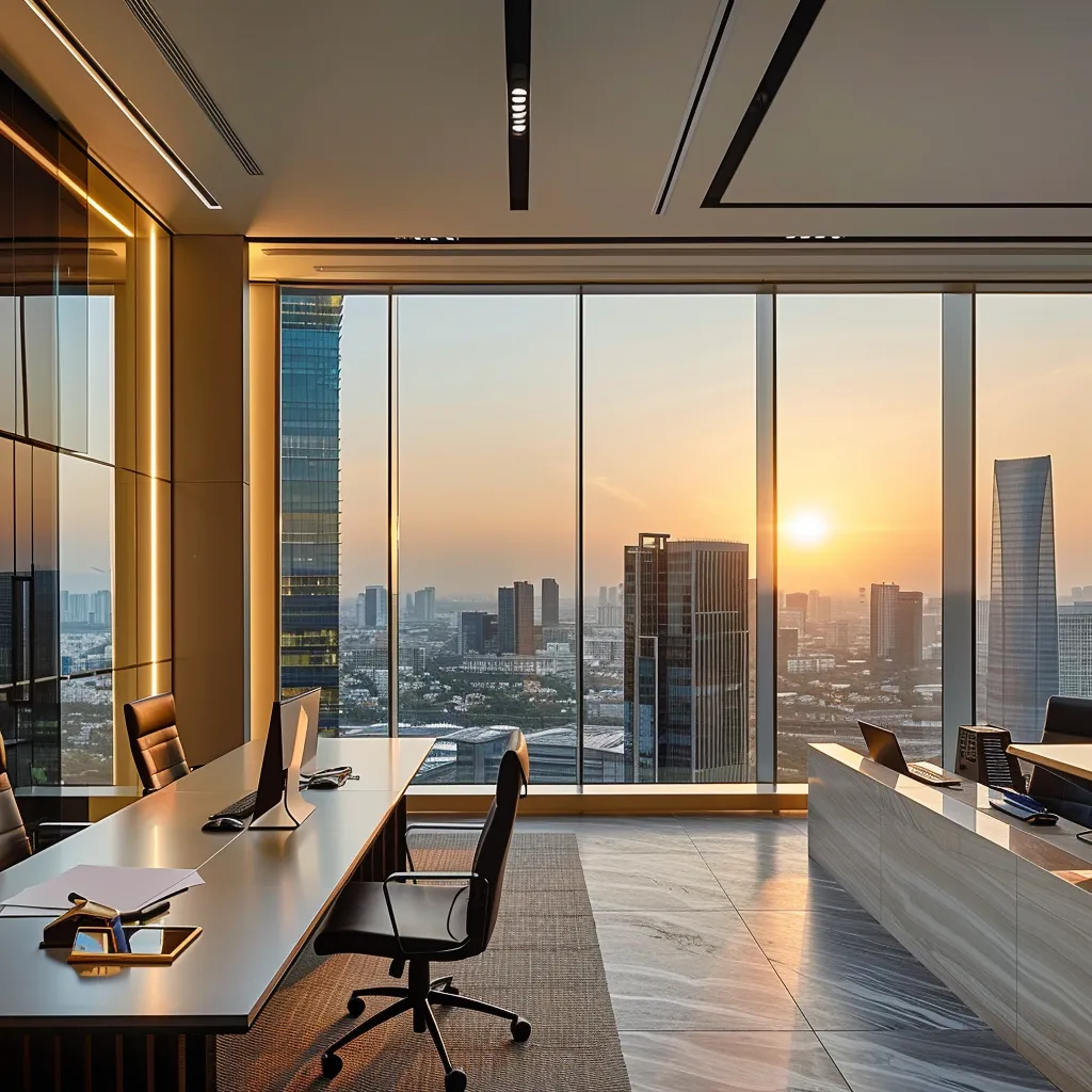 a sleek, modern office space with a large glass window showcasing a bustling city skyline, bathed in warm artificial lighting, emphasizes the theme of innovative business solutions.