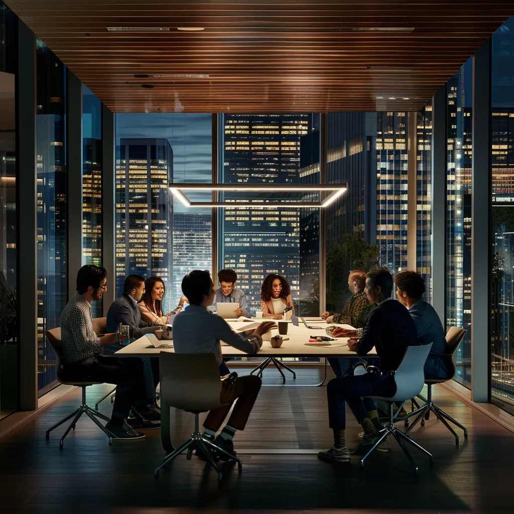 a sleek, modern office with panoramic city views showcases a diverse group of professionals engaged in a dynamic brainstorming session, illuminated by ambient lighting that highlights their focused expressions and innovative ideas.