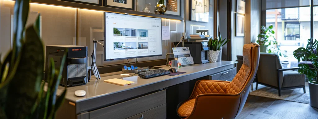 a sleek, modern office workspace showcases a computer screen displaying advanced crm tools integrated seamlessly with a realtor website, surrounded by stylish decor that embodies professionalism and innovation.