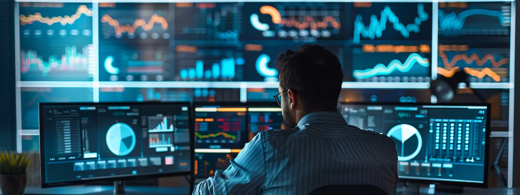 a sleek, modern office workspace showcases a digital marketing expert analyzing seo metrics on a large screen, surrounded by vibrant charts and graphs that symbolize traffic growth and website optimization, illuminated by bright, focused lighting.