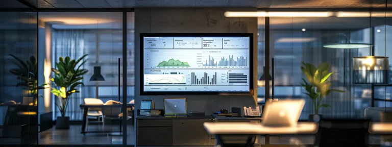 a sleek, modern office workspace displays an oversized screen showcasing dynamic graphs and analytics tracking user behavior on a realtor website, illuminated by soft, ambient overhead lighting.