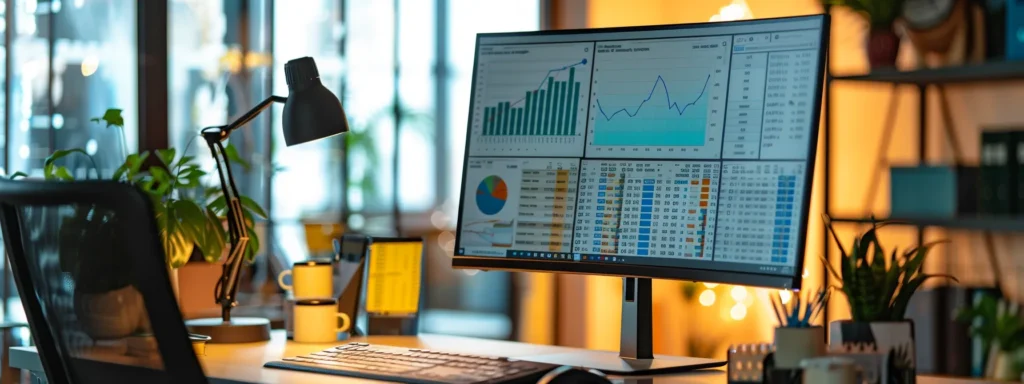 a sleek, modern office workspace featuring a high-resolution monitor displaying vibrant graphs and statistics of realtor landing page conversion rates, illuminated by the warm glow of ambient lighting to emphasize a focused analytical atmosphere.