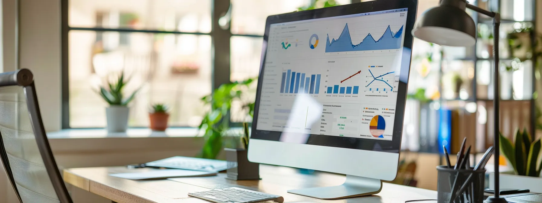 a sleek, modern office workspace features a computer screen displaying an optimized real estate landing page, contrasting with vibrant analytics graphs and lead capture forms, emphasizing the drive for higher conversion rates in digital marketing.