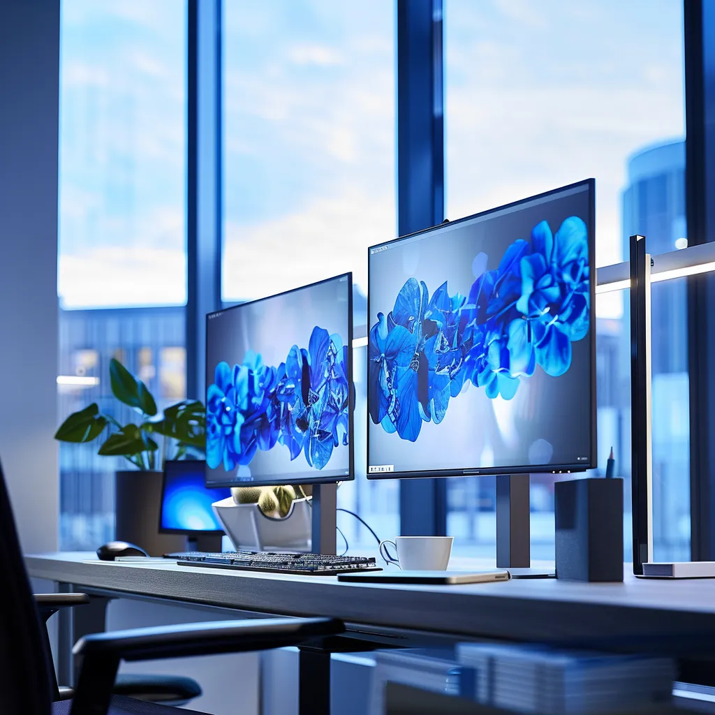 a sleek, modern office workspace featuring a high-tech computer setup with vibrant digital displays and a minimalist, stylish aesthetic that showcases innovation and productivity.