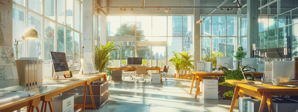a vibrant and modern workspace filled with architectural blueprints and digital real estate listings, illuminated by natural light streaming through large windows.