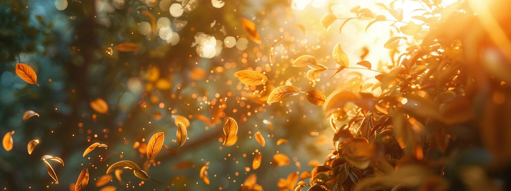 a vibrant autumn landscape unfolds with golden leaves cascading from towering trees, illuminated by the warm glow of a setting sun filtering through the branches.