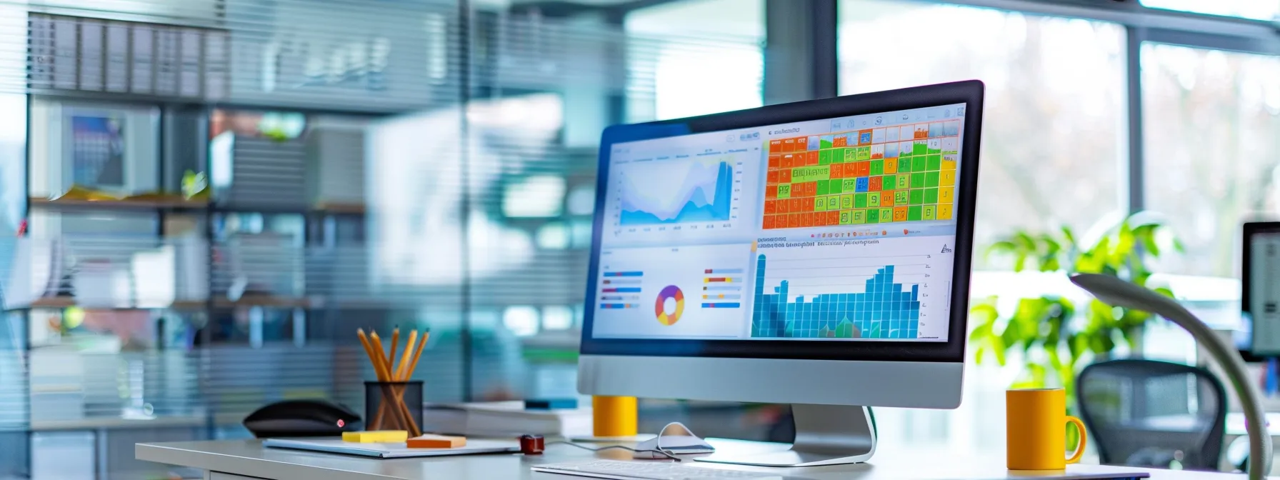 a vibrant, modern office workspace showcases a sleek computer screen displaying colorful heatmaps and data analytics, emphasizing the strategic enhancements made to website navigation for real estate clients.