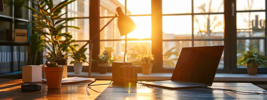 a vibrant real estate landing page glows on a sleek laptop, adorned with eye-catching visuals and compelling calls to action, set against a backdrop of a modern, sunlit office space.