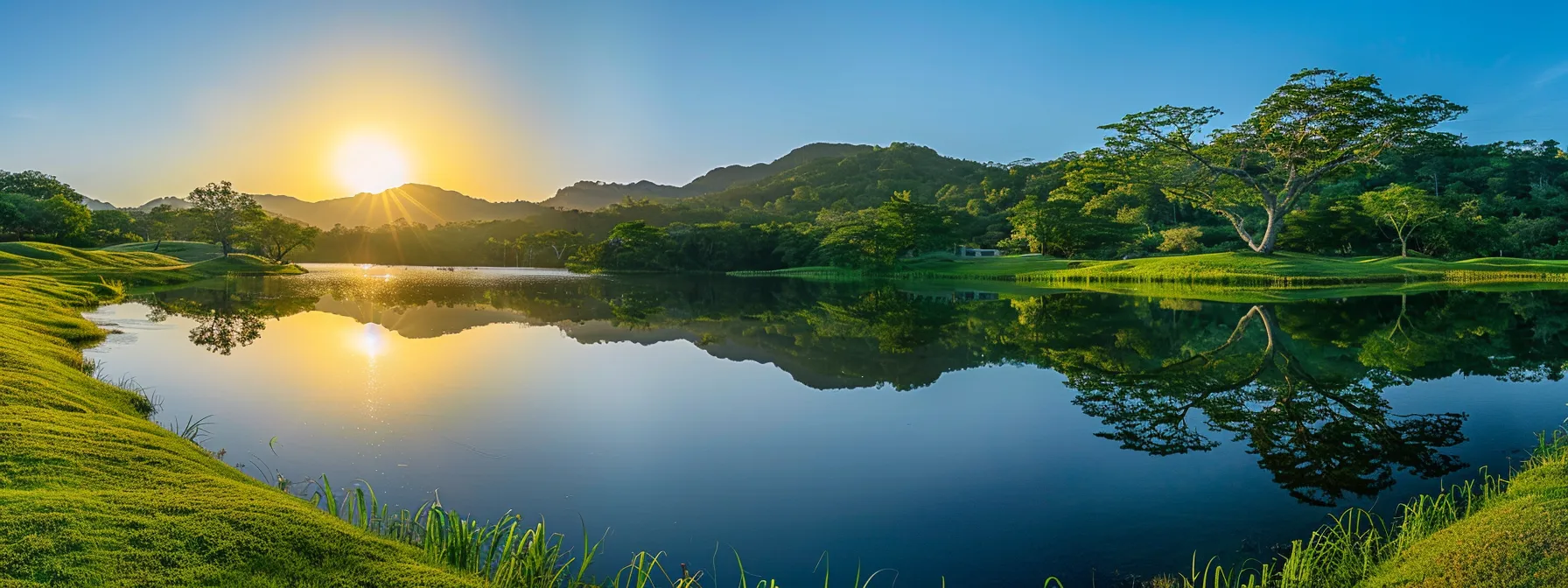 a vibrant sunrise casts golden light over a tranquil lake, perfectly mirroring the surrounding majestic mountains and lush greenery in a serene, reflective tableau.