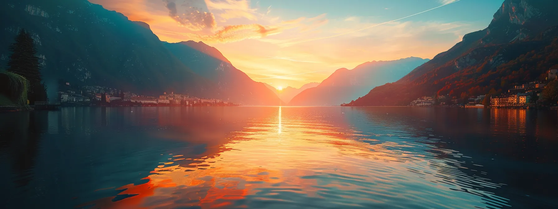 a vibrant sunset casts a golden glow over a serene lake, with silhouetted mountains reflecting majestically on the water's surface, creating a tranquil and captivating atmosphere.